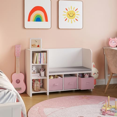 [en.casa] Kindersitzbank mit Regal Høylandet Sitzbank mit Stauraum Kinderregal mit 3 Aufbewahrungsboxen Kinderzimmer 76 x 112 x 40 cm Schuhbank mit Sitzfläche Weiß/Rosa