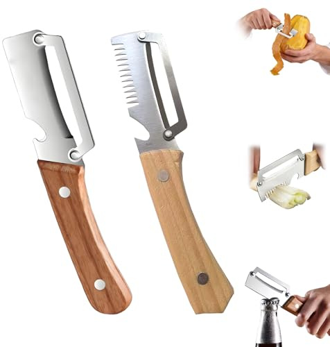Pelador Multifuncional Mango Madera Con Hoja Inoxidable, Para Patatas Y Hortalizas, Corte Juliana, Limpiador De Escamas Y Abrebotellas, Utensilio Cocina Ergonómico Hogar Camping, 2Pc (C)