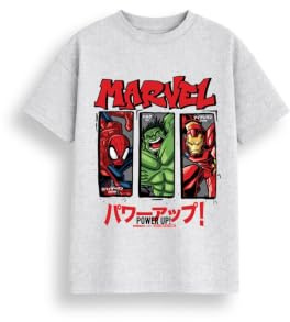 Marvel Boys T-Shirt, Kids Short Sleeve Cotton Rich Crew Neck Tee, Grey Marvel Comics Print with Spider-Man Hulk and Iron Man, Machine Washable, Grey, Sizes 3-4Y, 5-6Y, 7-8Y, 9-10Y, 11-12Y