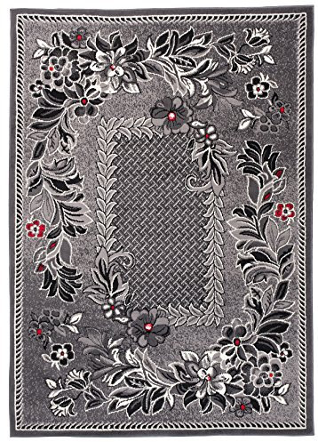 Carpeto Klassisch Teppich Grau 250 x 300 cm Blumen Muster Kurzflor Monaco Kollektion