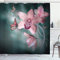 ABAKUHAUS Blumen Duschvorhang, Orchideen-Blume Schmetterling, Stoffliches Gewebe Badezimmerdekorationsset mit Haken, 175 x 240 cm, Jadegrün Baby Pink