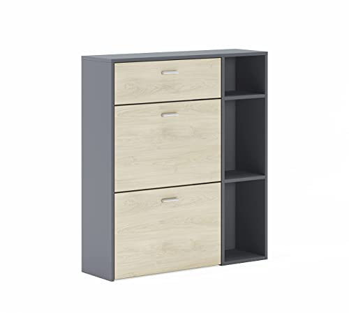 Skraut Home – Schuhschrank – 102 x 90 x 26 cm – Kapazität für 12 Paar Schuhe – 2 Flügeltüren + 1 Schublade – Windmodell – Grau/Eiche-Finish