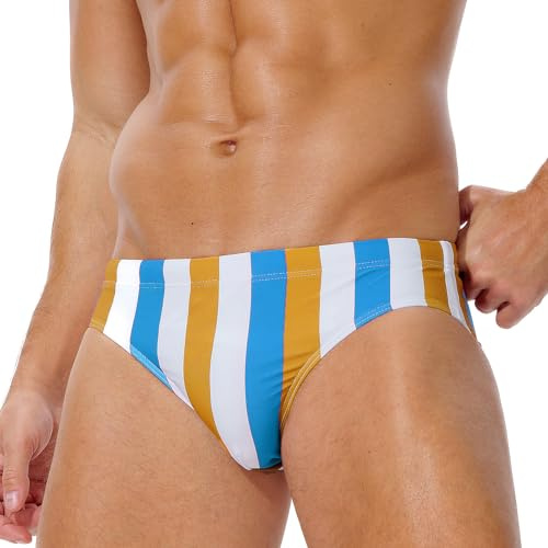 AIMPACT Mens Swim Briefs Bikini Swimwear Quick-Dry Men Surf Bathing Suits with Drawcord Sexy Swimsuit for Men (White Yellow Blue Stripe)