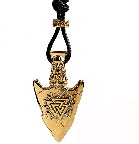 Titan Edelstahl Pfeilspitze Speerspitze Halskette Wachsseil mit Anhänger Gravierter Vegvisir Valknut Thor Stahl Nordischer Wikinger Schmuck für Herren Damen,Gold