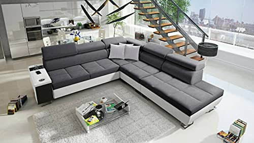 All4All Ecksofa mit Schlaffunktion Margo IX 283x298 cm - Schlafsofa mit Bettkasten - Wohnlandschaft in L-Form - XXL Sofa Groß - Seite rechts - Strukturstoff mit Kunstleder - Dunkelgrau/Weiß 26