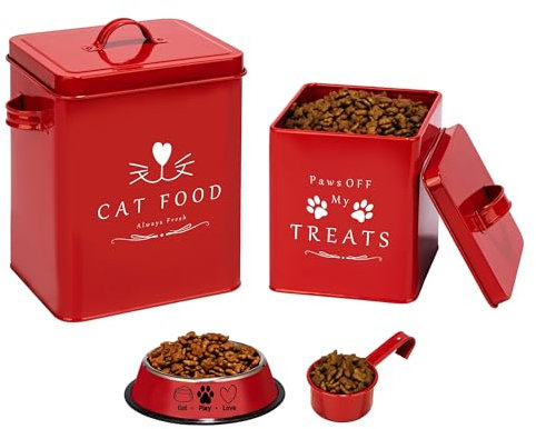 Meraki Home Farmhouse Cat Food and Treats Containers + Feed Scoop + Pet Food Bowl - Tight Lids - Large Metal Storage Bin - Great Gift for Cute Pets (Glossy Red)
