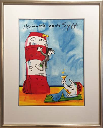 Kunstverlag Christoph Falk Heimweh nach Sylt - UDO Lindenberg Bild - handsignierte Auflage original Grafik im silberfarbenem Rahmen hinter Museumsglas. Likörell. Siebdruck.