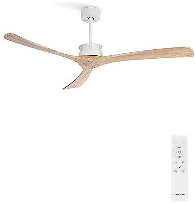 CREATE / WINDLARGE/Ventilador de techo blanco aspas madera natural con mando/XL, función verano-invierno, 6 velocidades, temporizador 1 a 4 h, 2 alturas,aspas blancas, 40W, Ø152 cm