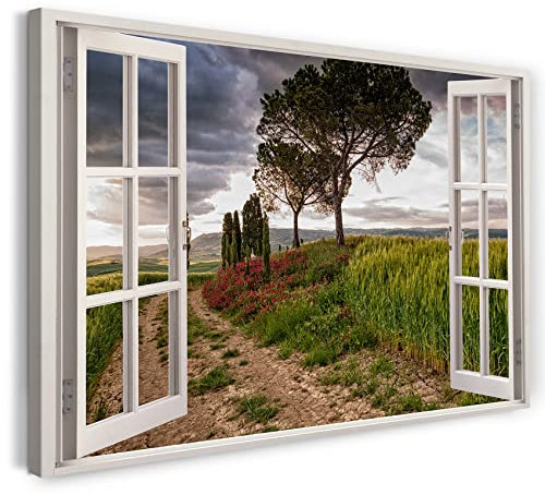 Printistico Bilder Fensterblick 120x80cm Baumwoll-Leinwand auf Keilrahmen mit Aufhänger moderner Kunstdruck XXL Wandbilder Wand-Dekoration Bäume Feld Natur Süden Weg - Natur-Fotografie