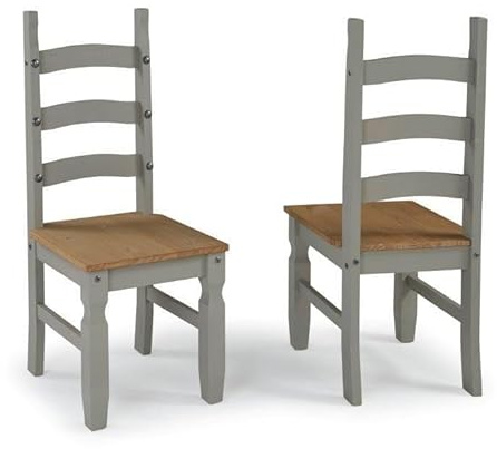 Corona Grey Wax Pair of Dining Chairs Solid Wood Mexican Pine Wooden x2 Dining Room Furniture Painted Shabby Chic 107cm High 42cm Wide 52cm Deep