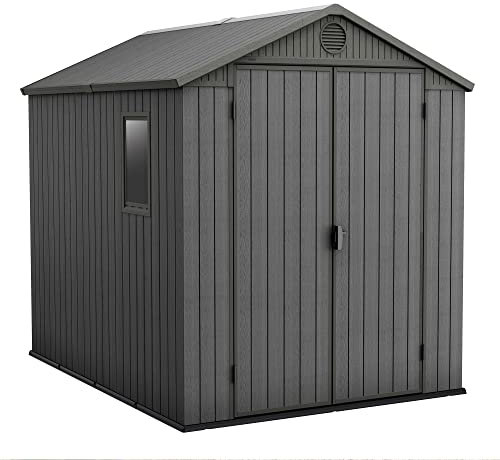 Keter Darwin 6 x 8 Foot Spacious Heavy Duty Storage Shed for Organizing Garden Accessories and Outdoor Tools with Double Doors and High Ceiling, Gray