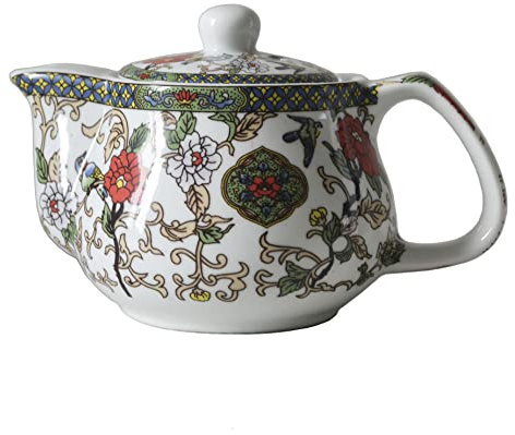 Tetera pequeña de porcelana, tetera de 9 onzas con filtro de acero inoxidable, flores chinas coloridas y pájaros (flores y pájaros)