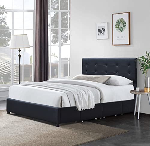 chloe - Solide et Confortable Lit 140x200 avec Sommier avec 4 tiroirs + Tete de lit Couleur NOIR + Pieds en 4 cm - 13 Lattes - revetement PVC Simili facile d'entretien - Montage Rapide et Facile