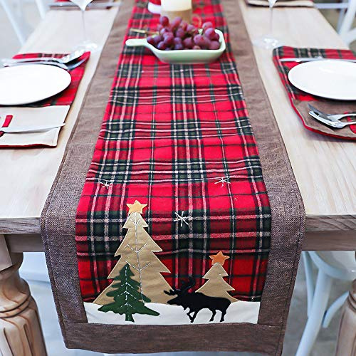 Christmas Table Runners embroidered linen 180x35cm Christmas Tree Snowflake Reindeer Pattern for Xmas Holiday Season Home Table mats Dining Tables Decorations Party Tableware