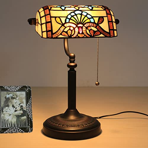 AIBOTY Grüne Banker Lampe Nachttisch Lampe LED Schreibtischlampe Leselicht Tiffany Piano Schreibtisch Tischleuchte 15 Bronze Floral Art Bunt Glas Schatten Dekor Für Schlafzimmer Haus Office,A