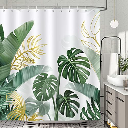 Bonhause Duschvorhang Tropische Blätter Palmblatt Grüne Pflanze Duschvorhänge 180 x 180 cm Anti-Schimmel Wasserdicht Polyester Stoff Waschbar Bad Vorhäng für Badzimmer mit 12 Haken