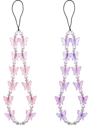 Jagowa Lot de 2 bracelets pour téléphone portable avec pendentif papillon en cristal anti-perte pour femme et fille, rose, violet, Acrylique et nylon