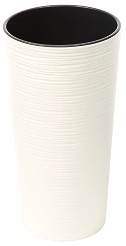 Tymar Blumentopf mit Einsatz, Blumenkübel aus Kunststoff, Übertopf, Pflanzkübel, Gross, Runde Form, Meißel-Optik, Innen- und Außenbereich, Garten, Balkon, Terrasse, Haus (Creme Hoch, ø 30cm)