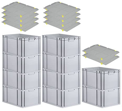 PROREGAL SparSet 10x Eurobox NextGen Grip mit Auflagedeckel & 4 gelben Schiebeschnappverschlüssen, HxBxT 32x40x60cm, 65 L, Grau, Griffe geschlossen, Eurobehälter, Transportbox