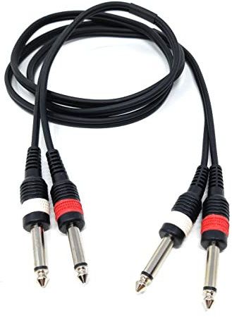 1.5m Twin 6.35mm Mono 2 x Jack to 2 x Jack Shielded Cable Lead, Rubber Reliefs, Helical PVC Cord, Nickel Connectors 5ft