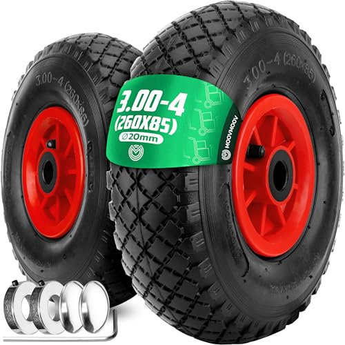 MOOVMOOV Ruote Gonfiabili 3.00-4 (260x85 mm) - per Carrelli, Carriola, Carro, ecc. Ruota Completa: Pneumatico + Camera d'Aria con Valvola Angolata + Cerchione in PVC Rosso con Cuscinetti a Rulli