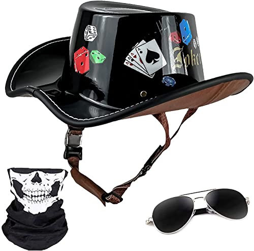 Motorrad Open Face Jet-Helm, Western-Cowboy-Hut mit breiter Krempe, Chopper Helm, Retro Motorrad Helm, Tourenhelm ECE/DOT Zertifizierung Halbhelme für Adults Herren Damen