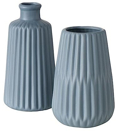 Deko Vase im 2er Set aus Keramik Mattes Design mit Rillen Höhe 18 cm Blumenvase Tischdekoration - Blau