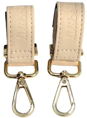 Liliibell 2er-Pack Vegan Leder Kinderwagenhaken & Anhänger, Universelle Karabinerhaken für Wickeltasche, Kinderwagentaschen-Halterung, Praktisches Kinderwagen Zubehör für Eltern unterwegs, Beige