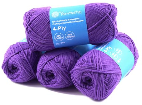 Yarntastic 50g x 4 Balls in a Pack, 4 Ply Yarn, 16 Wraps per inch (About 2.5cm), 60% Cotton 40% Acrylic Blended, 43 Colour Choices; for Knitting, Crochet, Amigurumi, Baby Blanket, Clothing and Others