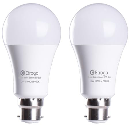Etrogo Lot de 2 lampes LED à baïonnette B22 avec détecteur de mouvement 12 W Edison automatique ON/OFF 1100 lm (blanc froid 6000 K)