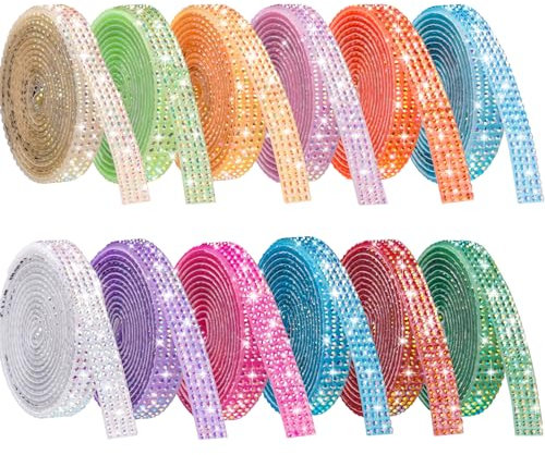 NiArt Selbstklebende Kristall Strass Set, 12 Farben, 12 Yards Bling Glitzersteine Selbstklebend, Strasssteine zum Kleben für DIY-Basteln, Hochzeit, Party Dekorationen (0,9 cm Breite)