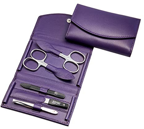 Maniküre Set - 5 teiliges Nagelpflegeset - Echtes Nappa-Lammleder Manicure Etui - Nagelschere, Hautschere, Nagelfeile, Pinzette und Doppelinstrument (Lila)