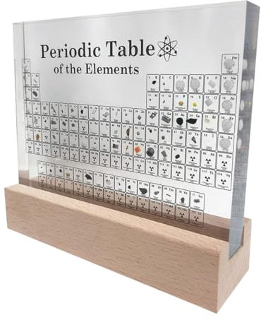 EduCience Periodensystem mit echten Elementen und Holzsockel, transparentes Harzbrett und Ständer aus Holz mit energiesparendem LED-Licht, chemisches Geschenk für Schüler, Lehrer, Klassenzimmer usw