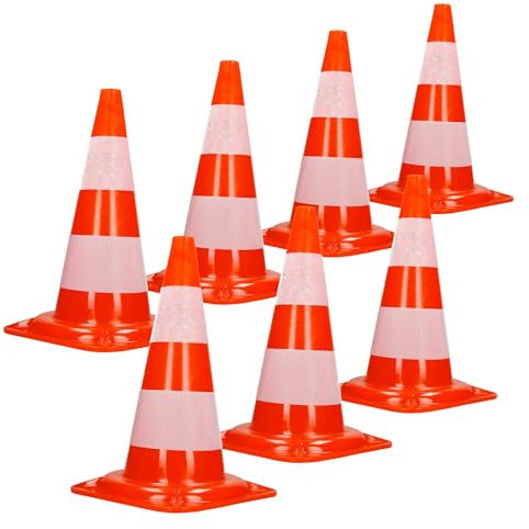 ECD Germany 7X Cônes Signalisation Pylône, 47cm, PVC Solide, Orange/Blanc, Triangle de Circulation, Marqueur Attention Sécurité, avec 2 Bandes Réfléchissantes, Pylone Cône Avertissement de Parking