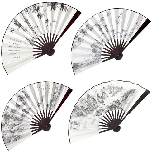 SWoob 4 Pcs Fan Handheld Fan Handheld Folding Silk Cloth Chinese Fan Ink Painting Portable Fan Suitable for Home Decoration Dance Role Play, Wedding Parties Gifts