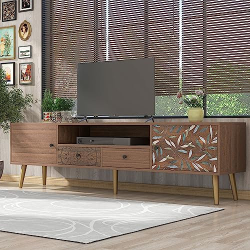 Soweiz Vintage TV-Schrank 180x38x50.5cm 2 Türen 2 Schubladen, Ablagefach Landhaus Design, Goldene Füße Lowboard mit Aufdruck