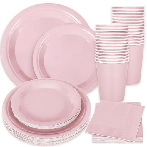 Whaline 100Pcs Valentine's Day Dusty Pink Tableware Set Disposable Dinnerware Set 50Pcs Paper Plates 25Pcs Napkin 25Pcs Cups for Wedding Birthday Bride Shower Party Table Decor