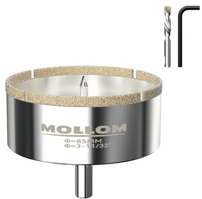 MOLLOM (85mm | 3-11/32) Scie Cloche Diamantée avec 2 Mèches Pilotes Amovibles pour une Coupe Lisse sur les Carreaux en Porcelaine, Verre, Céramique, Marbre, Fibre de Verre, etc