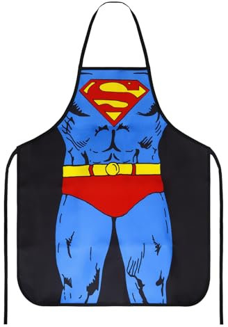 TOPWAYS Novelty Funny Apron, Kitchen Chef BBQ Baking Aprons for Men, Cooking Sexy Aprons Pinafore for Women, Prank Dress Joker Pinny Bib Secret Santa Funny Gifts (Superman)