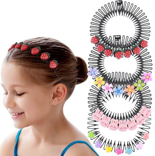 Andibro 4 Stück Cartoon Blumen Haarbänder für Frauen mit Zahnkamm, Rutschfeste Hartplastik Stirnbänder Voll Kreisförmig Stretch Kamm für Mädchen Frauen Elastische Haarspangen In Gewellter Form