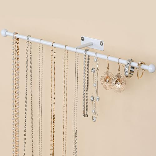 Josmimic Wall Hanging Jewelry Organizer: 12.6'' Necklace Holder for Earring, Bracelet, Rings, Hairband, Glasses, White 1-Pack, Screws Included