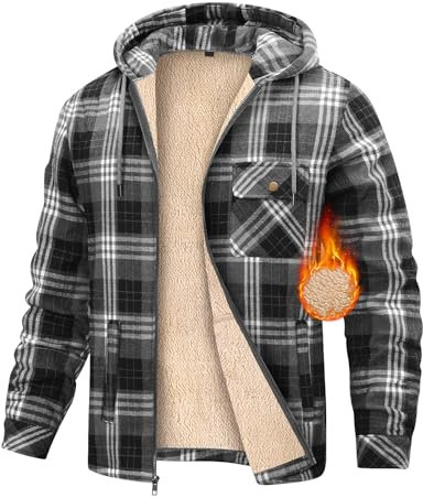 heekpek Fleecejacke Herren Hemdjacke Karierte Winter Kapuzenpullover Herren mit Reißverschluss Warme Kapuzenjacke Fleecefutter Hoodie Winterjacke Gefütterte Sweatjacke, Grau, XXL