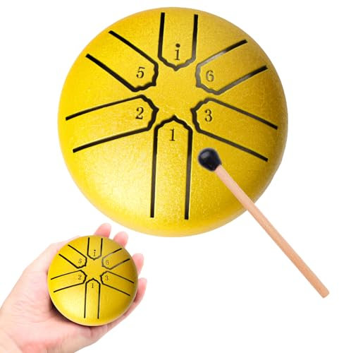 Aedcbaide Tongue Drum Steel 3 Zoll 6 Töne Zungentrommel Klein Pan Percussion Instrument Stahlzungen Handpan Steel mit Schlägeln Meditation Yoga Klangheilung