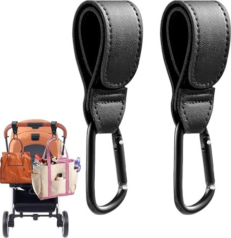 2PCS Buggy Clips Black Pram Clips PU Leather Pram Clips for Buggy Non-Slip Pram Hooks Strong Load Bearing Capacity for Mommy Diaper Bag Pushchair Shopping Grocery Backpack Outdoor Use