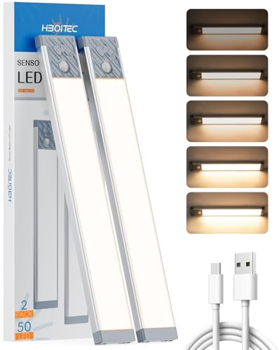 HIBOITEC Luce Led Sottopensile, 50LED Luci Armadio con Sensore, Dimmerabile Barra Led Sottopensile, USB Ricaricabile, Magnetica Adesiva, Senza Fili Luci per Armadio (Luce Calda, 25,5cm)