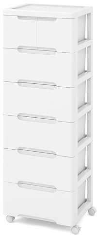 COSTWAY Chest of Drawers, 5/6/7-Drawer Dresser Storage Cabinet with Wheels, Modern Tall Freestanding Chest Cupboard Drawers Organiser Unit for Bedroom, Living Room, Closet and Hallway (White, 6-Tier)