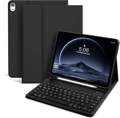 KVTVOU Custodia con tastiera per iPad Air 11 M3/M2 per iPad Air 7/6/5/4a generazione 2025/2024/2022/2020 10,9 pollici, tastiera wireless Bluetooth rimovibile QWERTZ, nero
