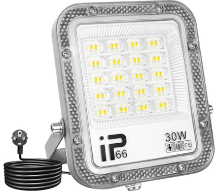Willpower 2pcs Projecteurs LED Extérieur Avec Prise EU, Spot LED 30W 3000LM Blanc Froid 6000K IP66 Etanche Eclairage Lumière de Sécurité pour Jardin Patio Garage Terrasse Maison