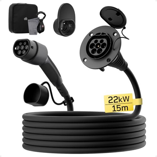 dé Cable Alargador de Carga para Coche Electrico Tipo 2 [15m, 22kW, 32A] Cable de Carga Trifásico 400V, con Clasificación IP54, Compatible con Todos Los BEV y HPEV IEC62196-2, con Bolsa de Transporte