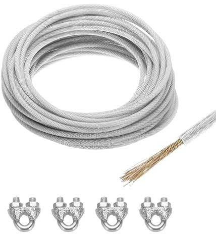 QUARKZMAN Cable Acero Galvanizado Cable 4 Bucles M6 6Mm 1/4 15M / 49 Pies | Recubierto de Vinilo Transparente, para Colgar Luces, de Acero Galvanizado